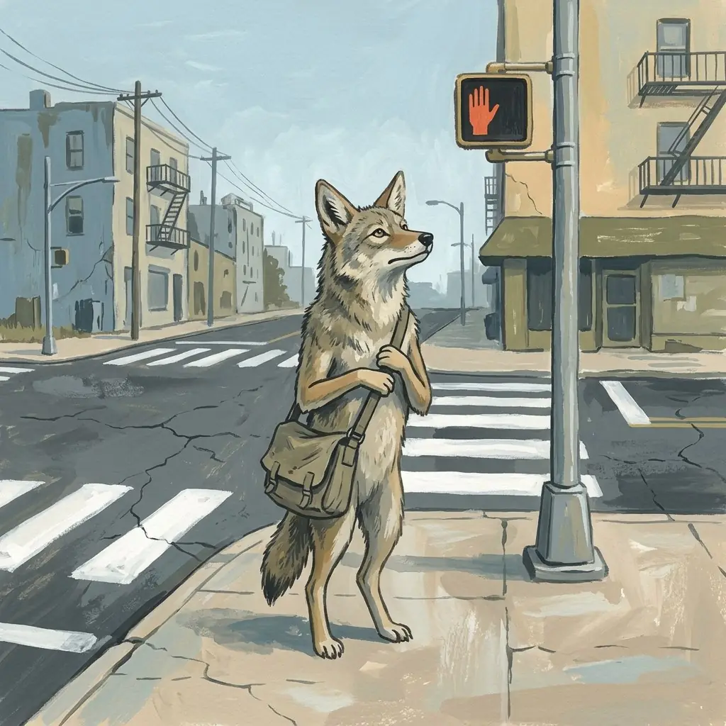 A coyote standing upright at a city crosswalk with a messenger bag, waiting for the signal
